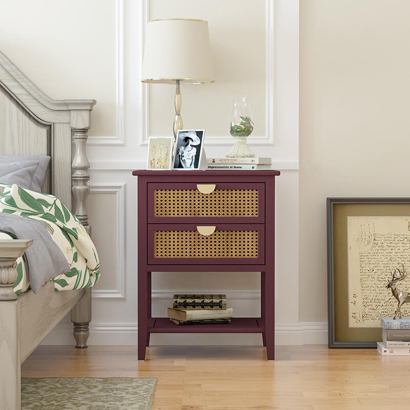 22.1" Red Natural Rattan 2-Drawer Nightstand