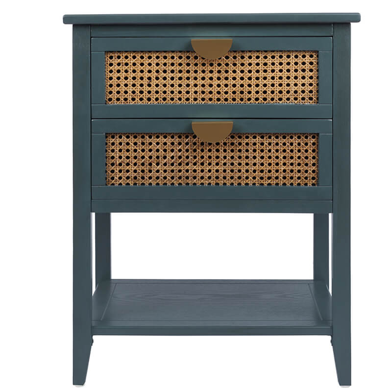 22.1" Green Natural Rattan 2-Drawer Nightstand