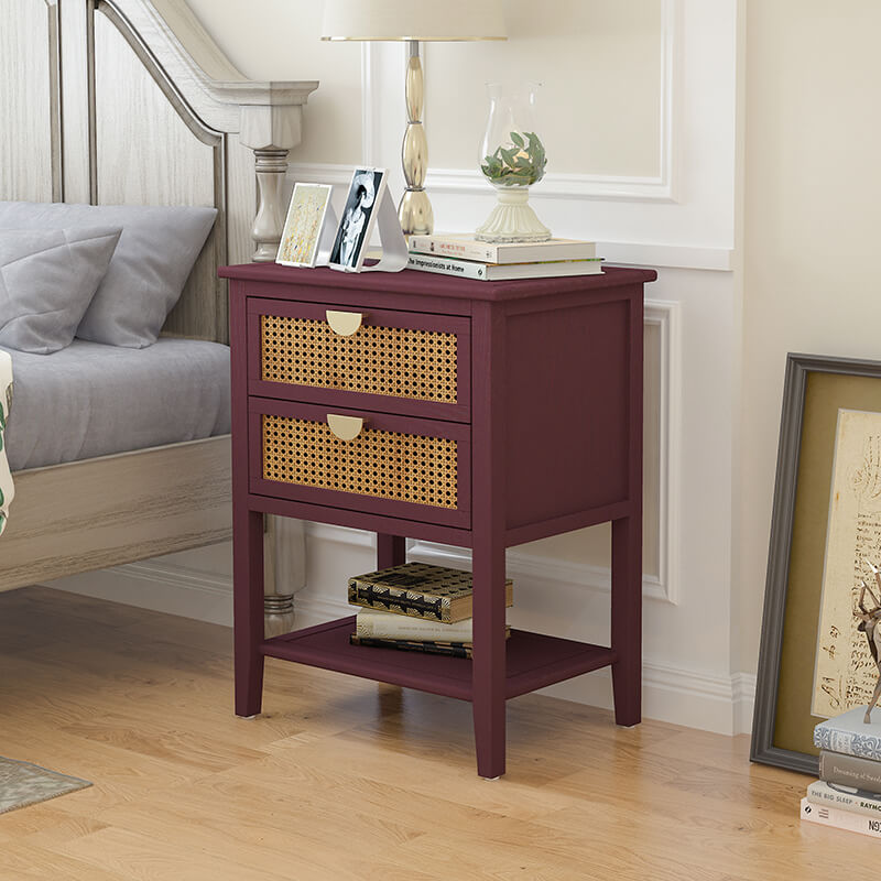 22.1" Red Natural Rattan 2-Drawer Nightstand