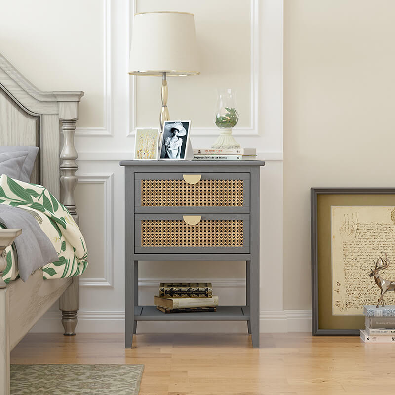 Gray Natural Rattan Side Table Nightstand