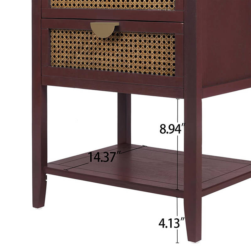 22.1" Red Natural Rattan 2-Drawer Nightstand