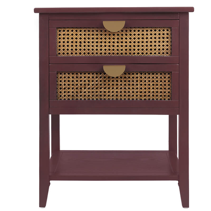 22.1" Red Natural Rattan 2-Drawer Nightstand