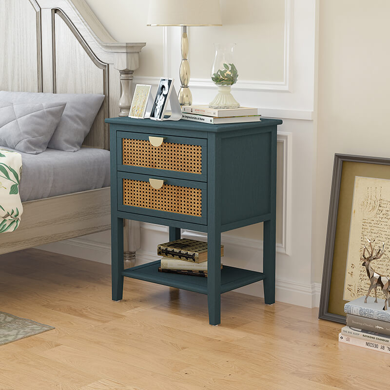 22.1" Green Natural Rattan 2-Drawer Nightstand