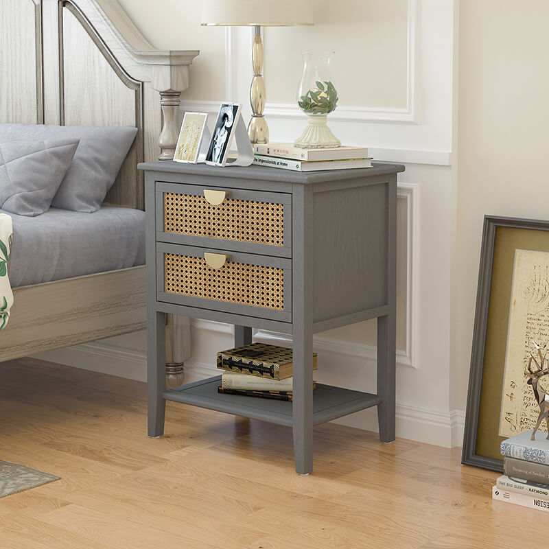 Gray Natural Rattan Side Table Nightstand