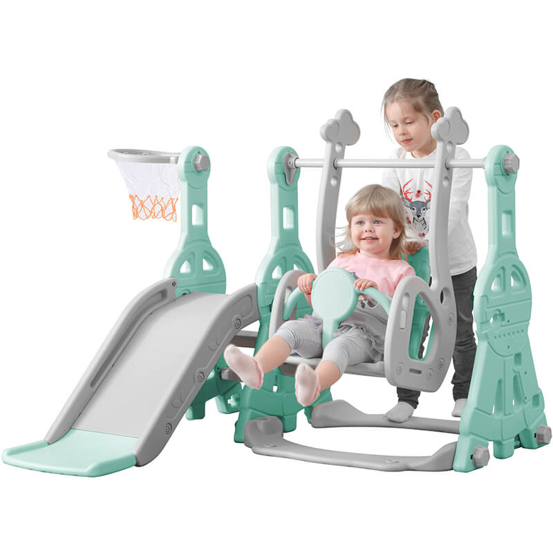 The 55" Green Toddler Slide And Swing 3 in 1 Set With Basketball Hoops For Indoor & Outdoor 