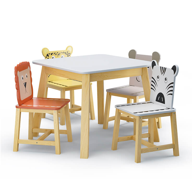 23.6" White Animals Themed Wooden Kids Table and Chair Set - 5 piece