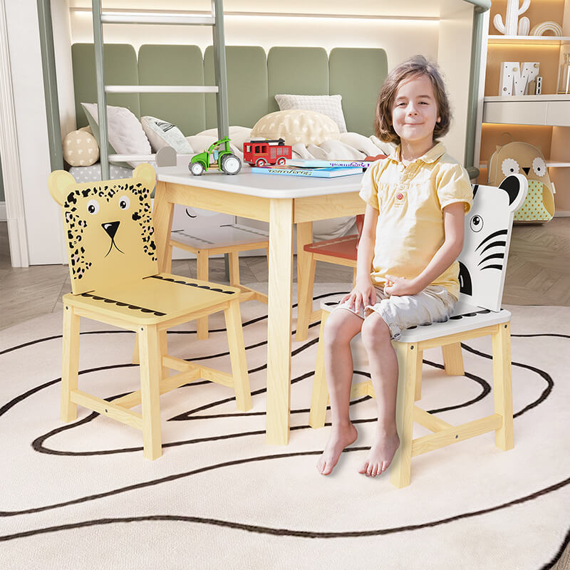 23.6" White Animals Themed Wooden Kids Table and Chair Set - 5 piece