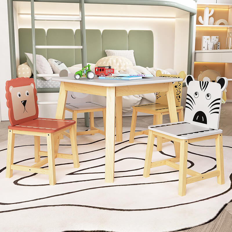 23.6" White Animals Themed Wooden Kids Table and Chair Set - 5 piece