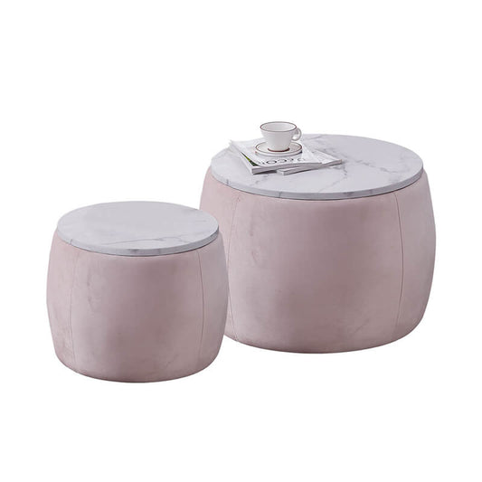 26" Pink Nesting Round Storage Ottoman Coffee Table with Wooden Lid - Set of 2