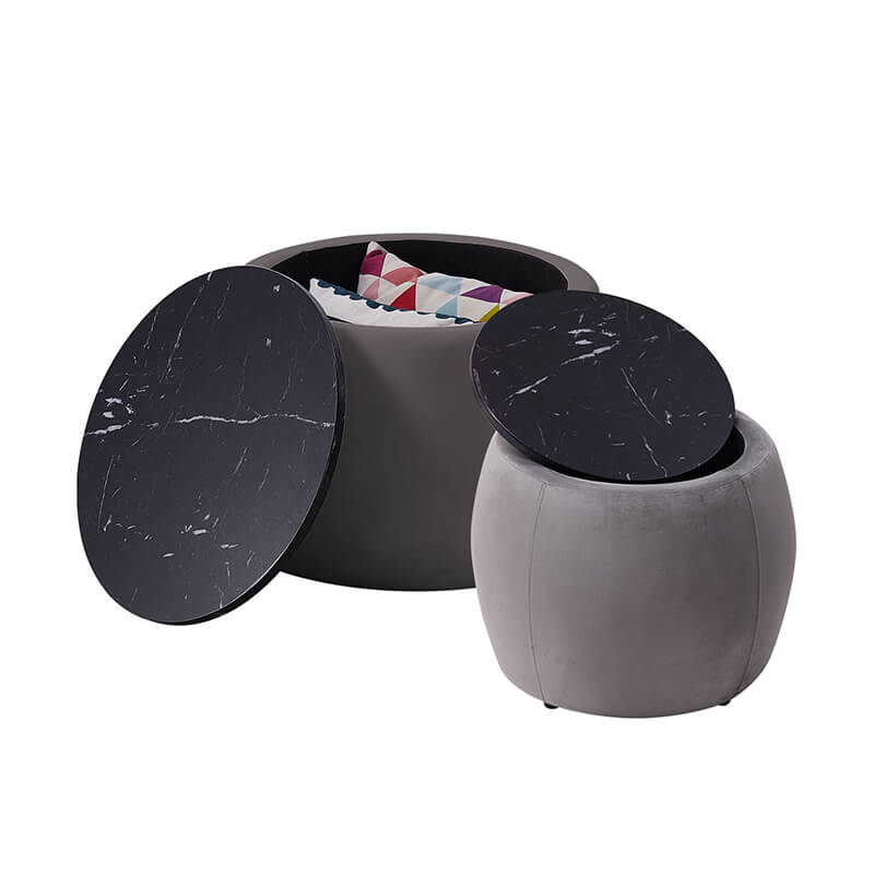 26" Grey Nesting Round Storage Ottoman Coffee Table with Wooden Lid - Set of 2