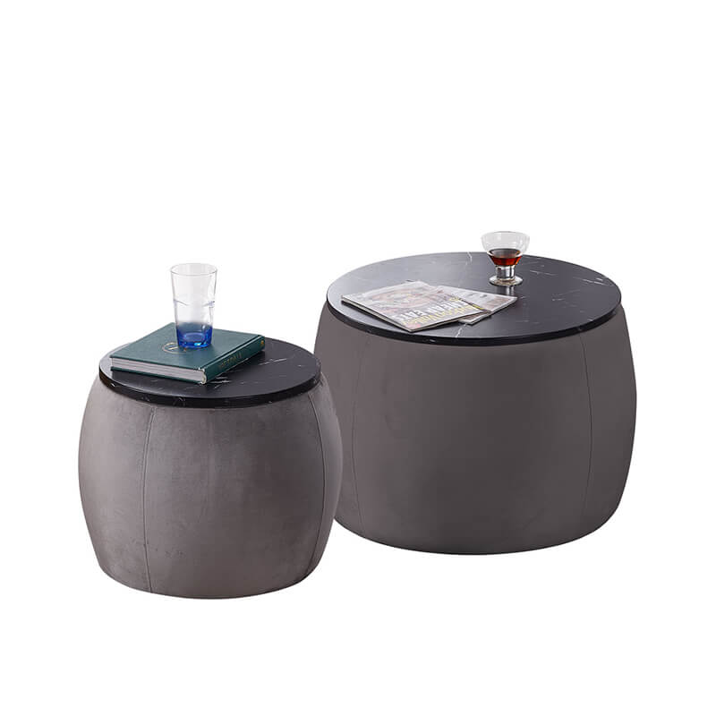 26" Grey Nesting Round Storage Ottoman Coffee Table with Wooden Lid - Set of 2