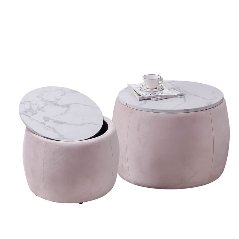 26" Pink Nesting Round Storage Ottoman Coffee Table with Wooden Lid - Set of 2