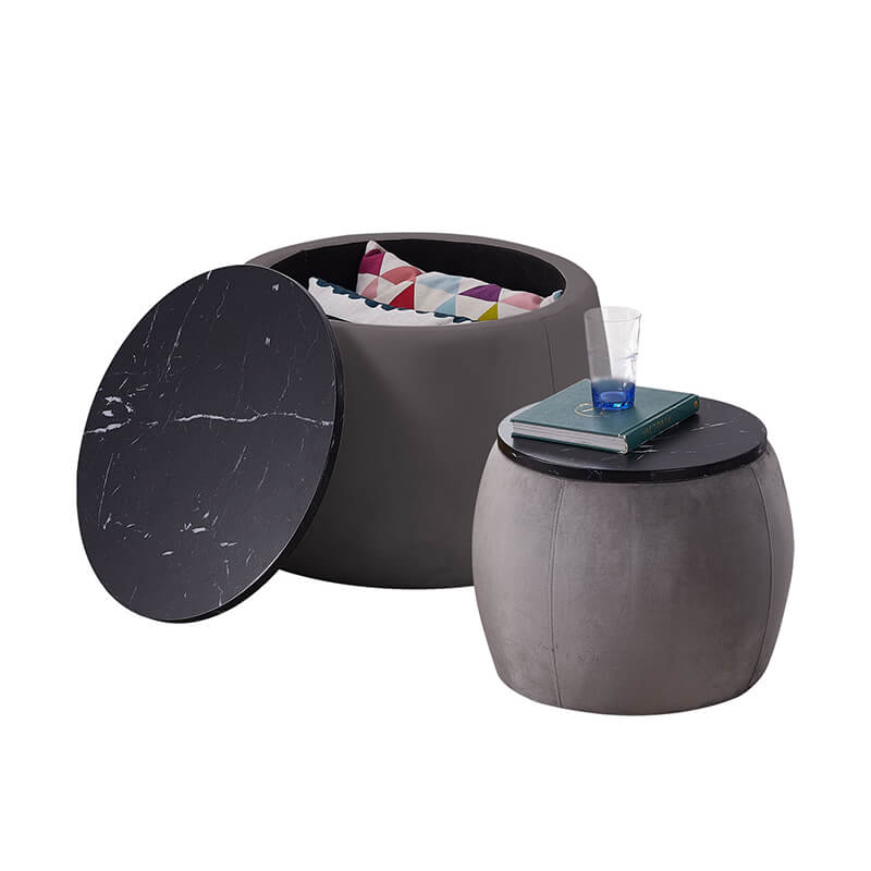 26" Grey Nesting Round Storage Ottoman Coffee Table with Wooden Lid - Set of 2