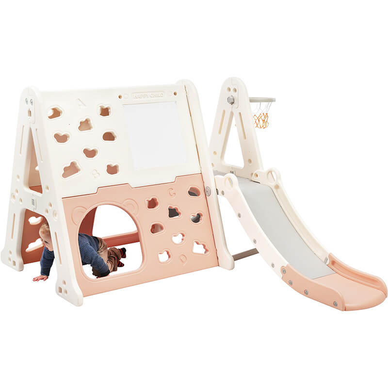 70.5" Light Pink 7-in-1 Toddler Climber And Slide Kids Playset