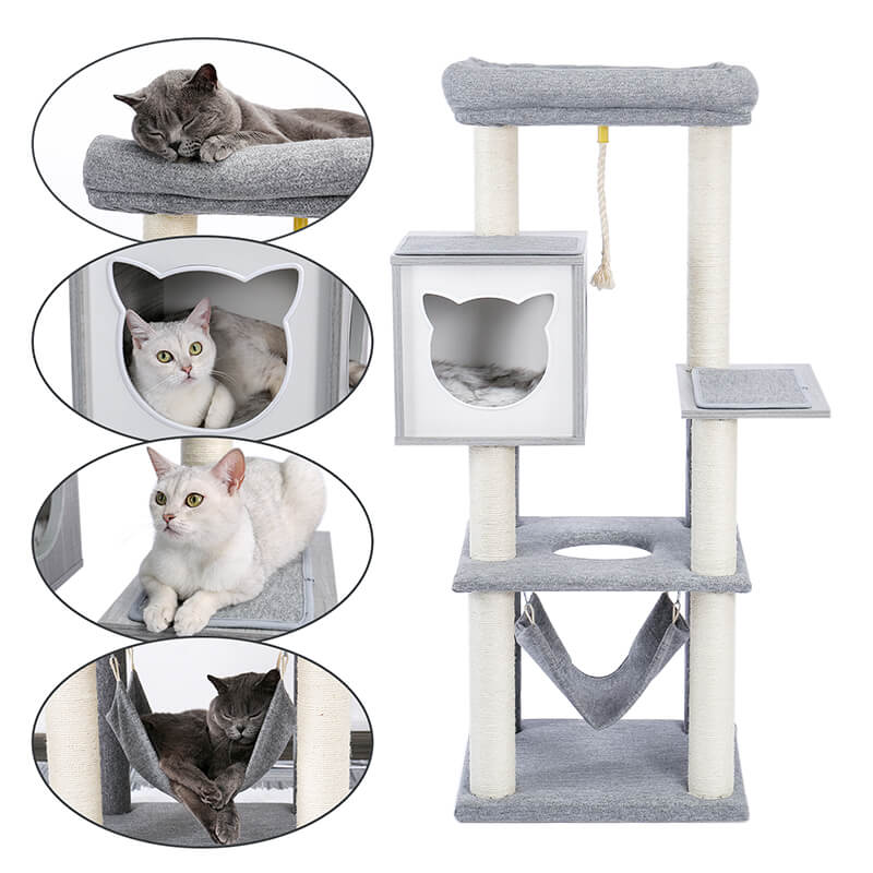 Modern Gray Multi-Level Wooden Cat Tower