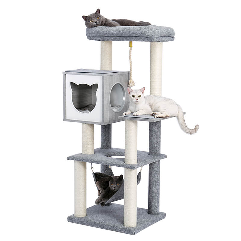 Modern Gray Multi-Level Wooden Cat Tower