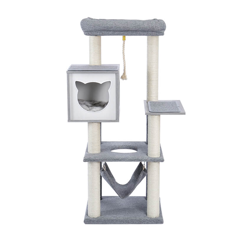 Modern Gray Multi-Level Wooden Cat Tower