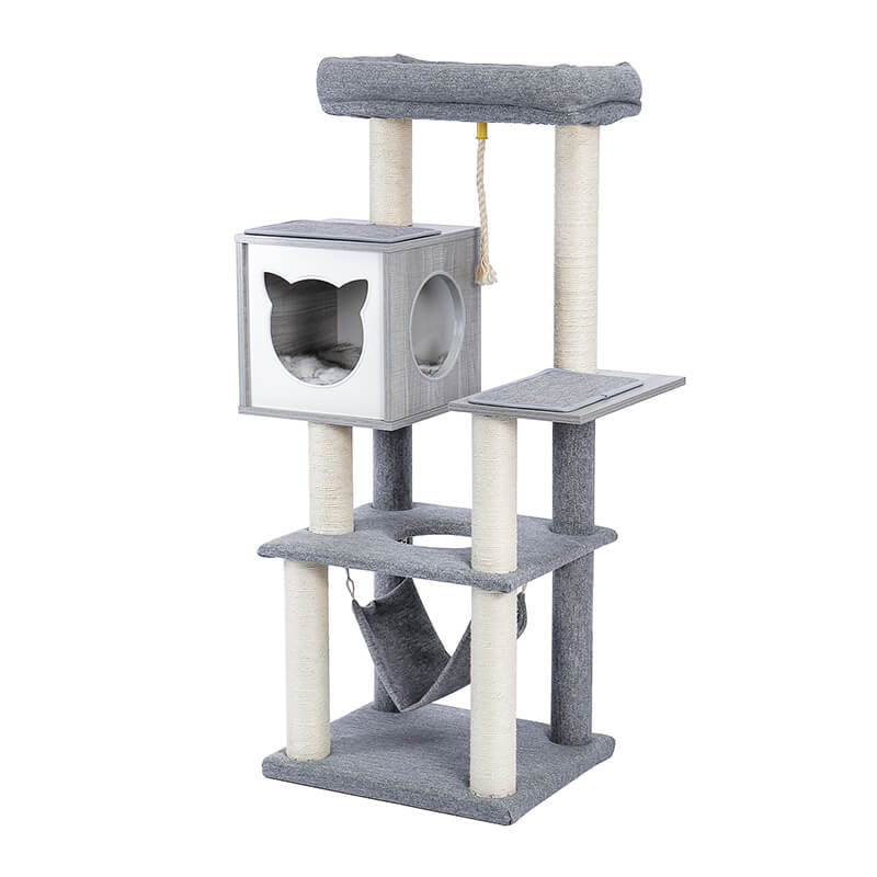 Modern Gray Multi-Level Wooden Cat Tower