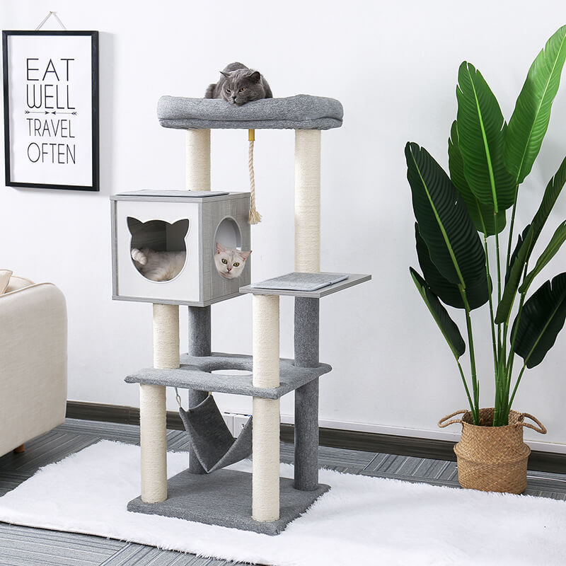 Modern Gray Multi-Level Wooden Cat Tower