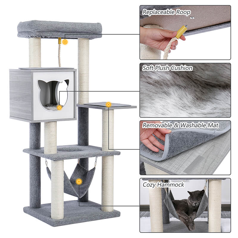 Modern Gray Multi-Level Wooden Cat Tower