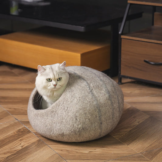 Beige Handmade Wool Cat Cave Bed