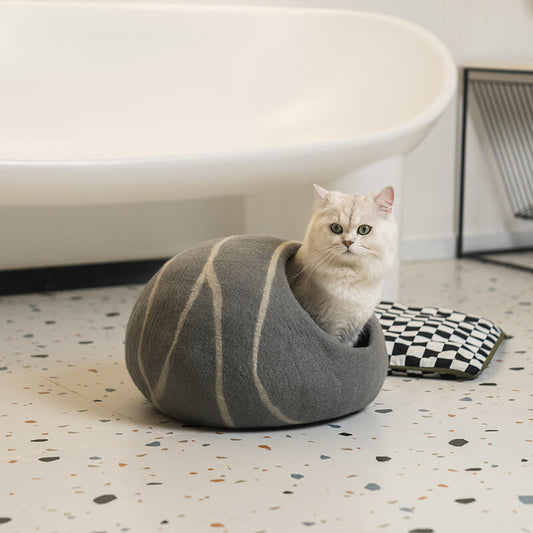 Grey Handmade Wool Cat Bed Cave