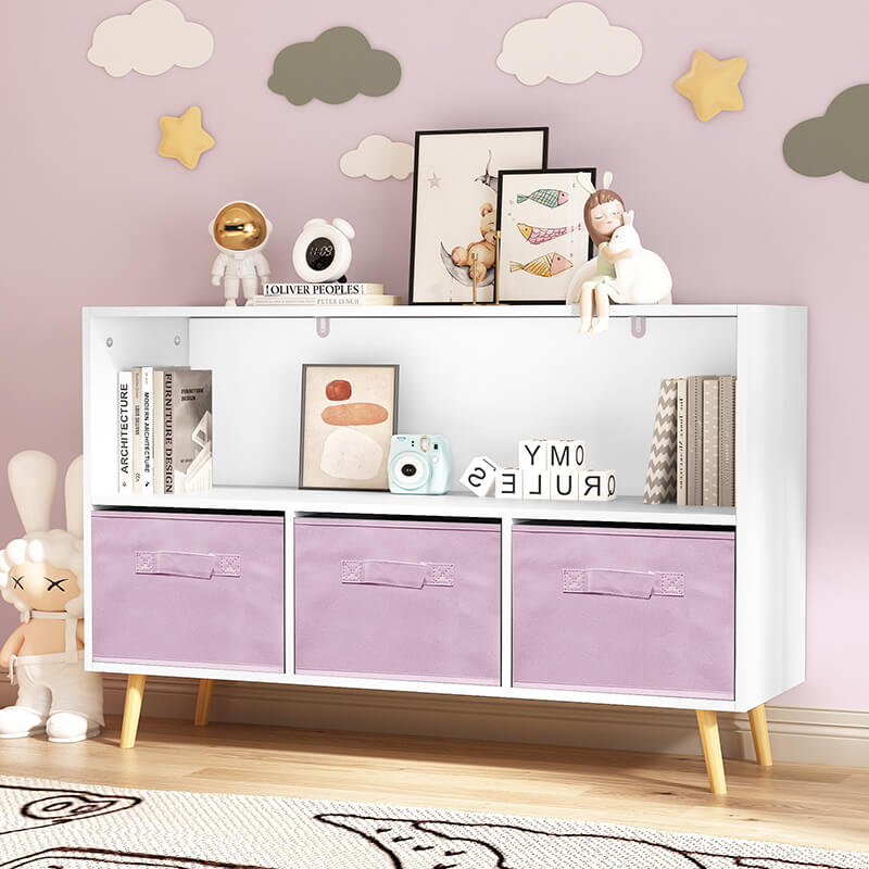 35.4" White And Pink Kids bookcase With Collapsible Fabric Drawers