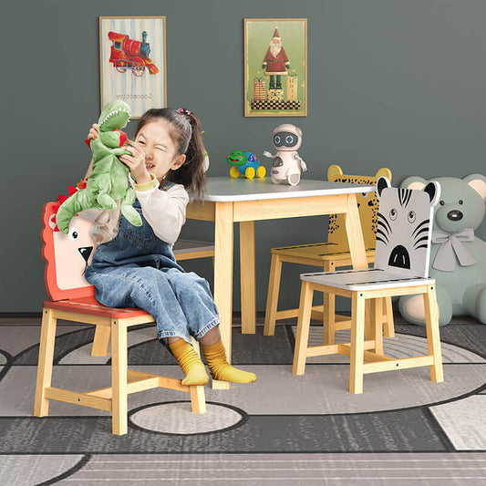 23.6" White Animals Themed Wooden Kids Table and Chair Set - 5 piece