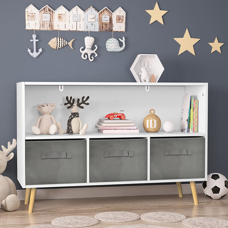 35" White And Grey Kids Bookcase With Collapsible Fabric Toy Storage Drawer