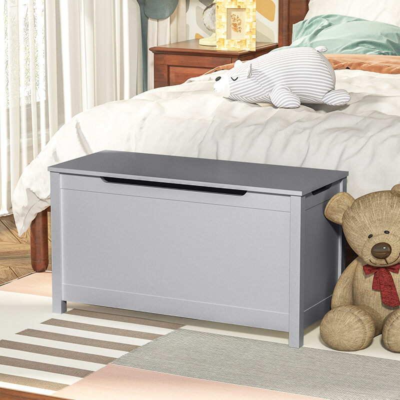 31.5" Grey Wooden Toy Box Storage With Safety Hinged Lid Media