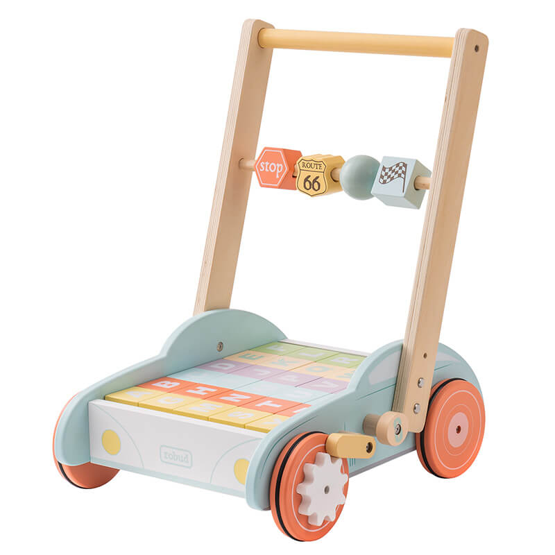 14" Baby Blue Wooden Baby Walker With Building Blocks