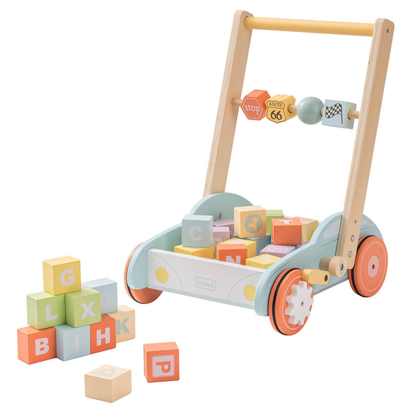 14" Baby Blue Wooden Baby Walker With Building Blocks