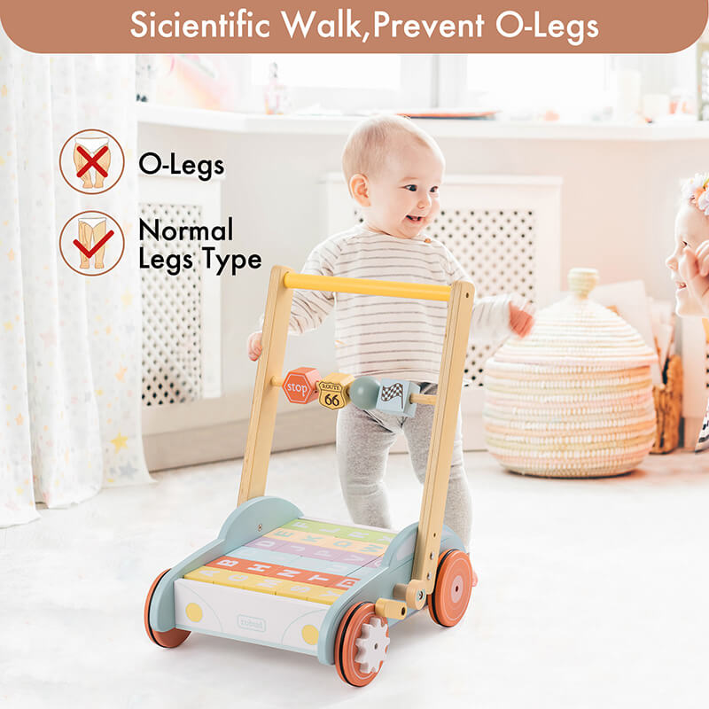 14" Baby Blue Wooden Baby Walker With Building Blocks