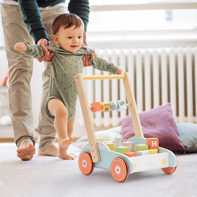 14" Baby Blue Wooden Baby Walker With Building Blocks