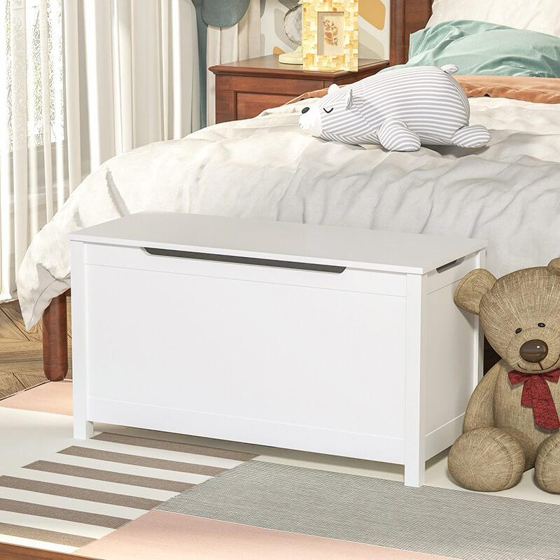 31.5" White Wooden Toy Box Storage With Safety Hinged Lid