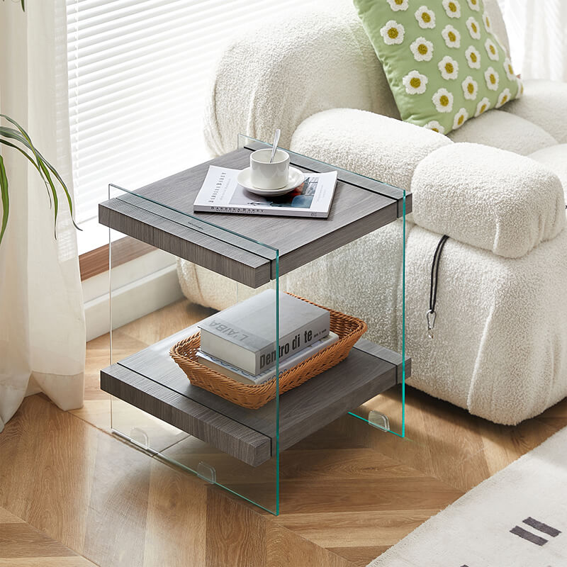 17.7" Grey Tempered Glass Nightstand Table With Dual Shelves