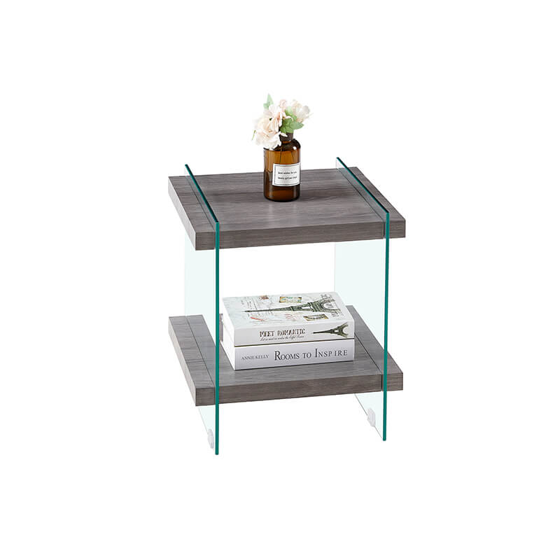 17.7" Grey Tempered Glass Nightstand Table With Dual Shelves