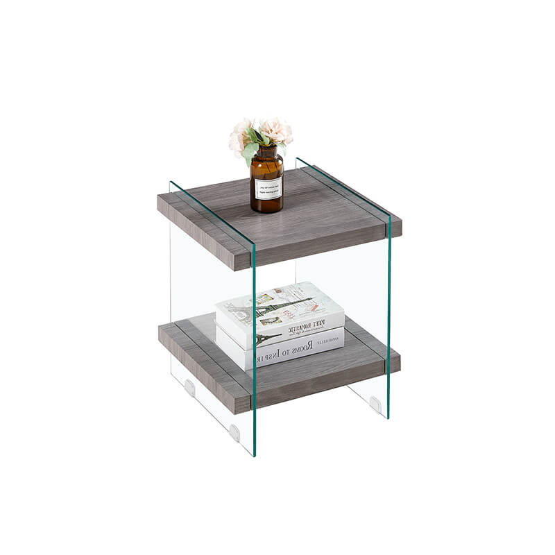 17.7" Grey Tempered Glass Nightstand Table With Dual Shelves