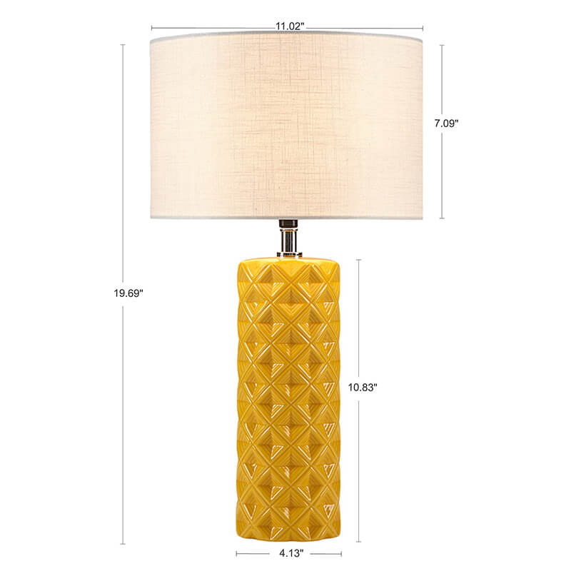 A dimension image of a yellow ceramic table lamp