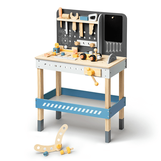 22" Blue & Grey Wooden Workbench With Tool Playset For Kids