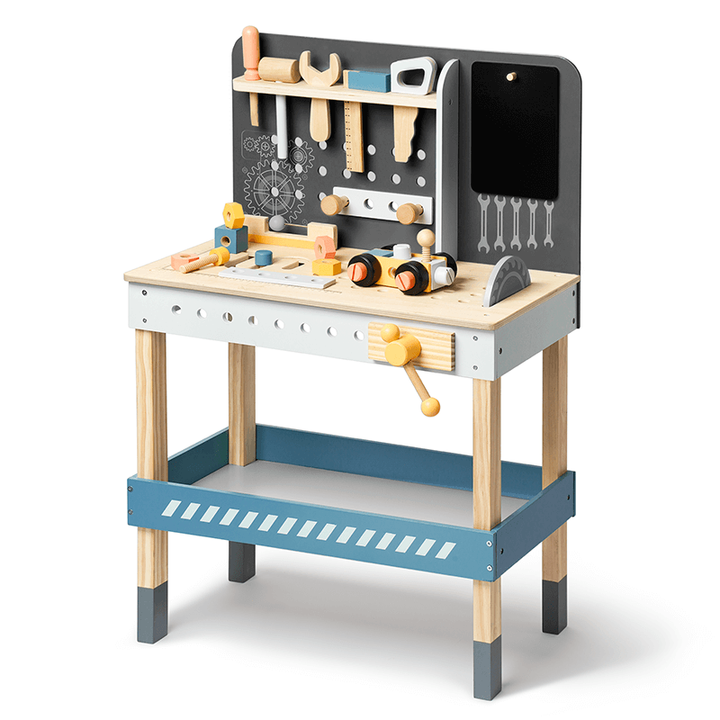 22" Blue & Grey Wooden Workbench With Tool Playset For Kids