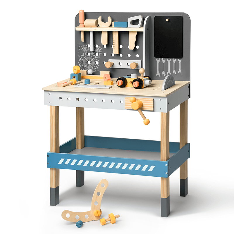 22" Blue & Grey Wooden Workbench With Tool Playset For Kids