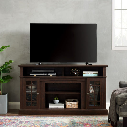 58.25" Espresso TV Media Stand With Fireplace And Storage Space