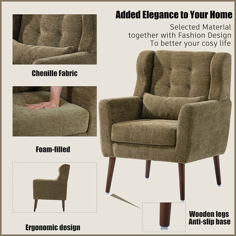 Modern Avocado Chenille Fabric Accent Chair