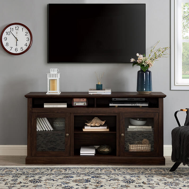 60" Brown TV Media Stand With Fireplace And Storage Space