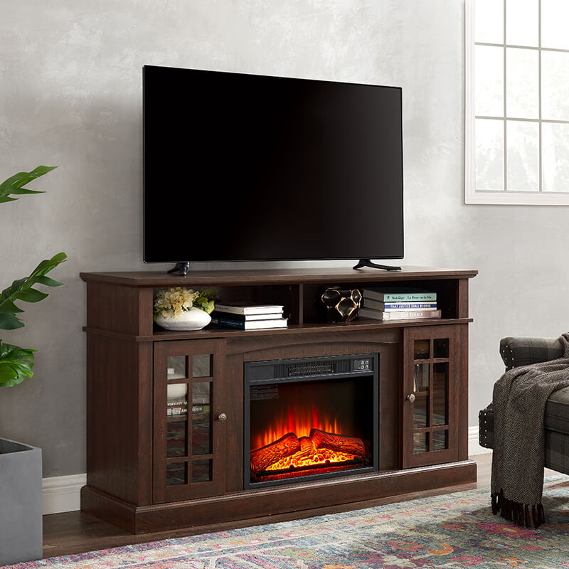 58.2" Espresso TV Media Stand With Fireplace And Storage Space