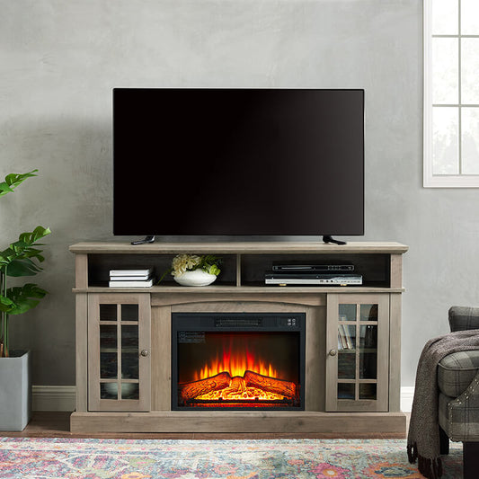 58.2" Grey Wash TV Media Stand With Fireplace And Storage Space