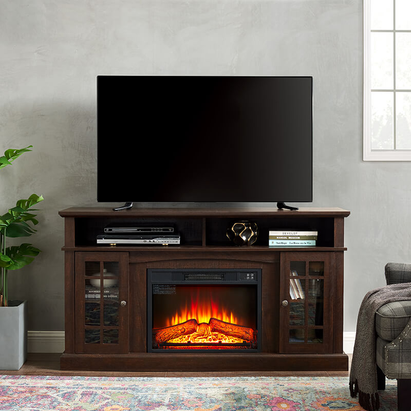 58.2" Espresso TV Media Stand With Fireplace And Storage Space