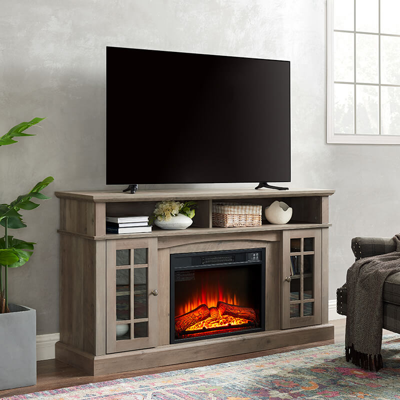 58.2" Grey Wash TV Media Stand With Fireplace And Storage Space