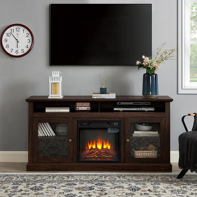 60" Brown TV Media Stand With Fireplace And  Storage Space